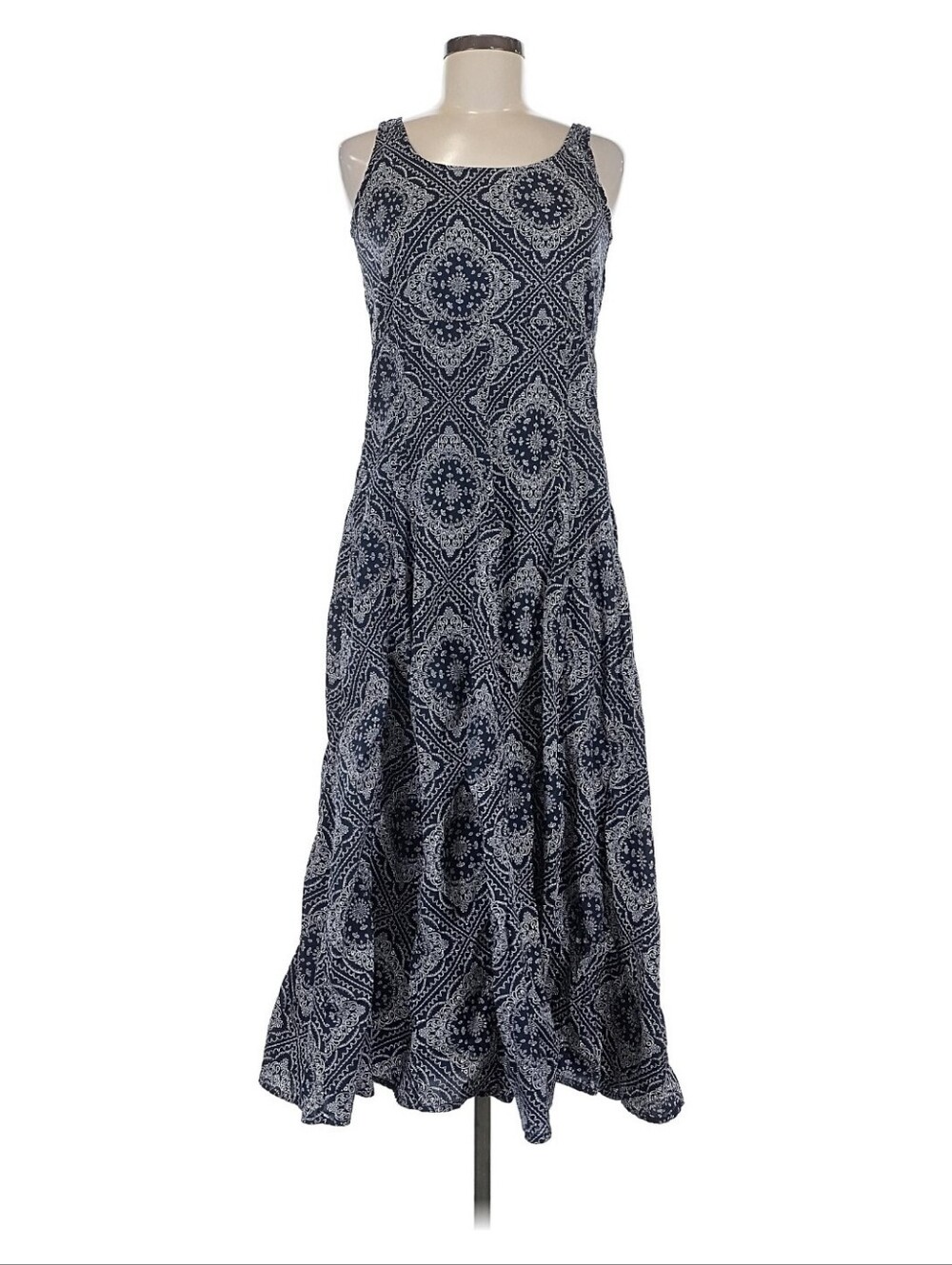 Sleeveless Navy & White Patterned Maxi Dress